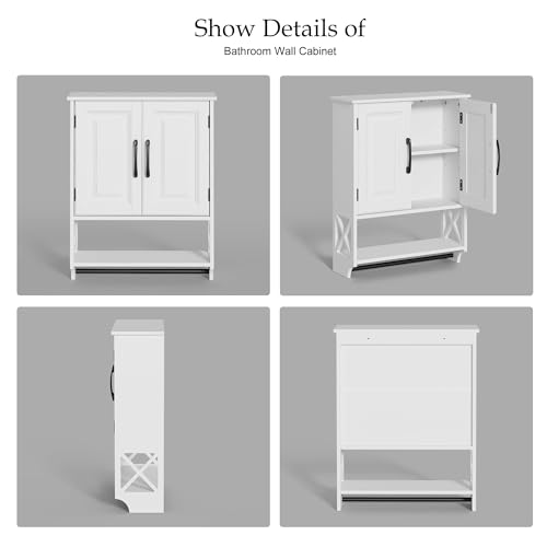 20" x 25" Bathroom Wall Cabinet with Towel Bar, White Painted Wall Mounted Storage Cabinet with Adjustable Shelf, Over The Toilet Medicine Cabinet, Wood Wall Cabinet for Bathroom Laundry Room - size: 20"D x 7"W x 25"H