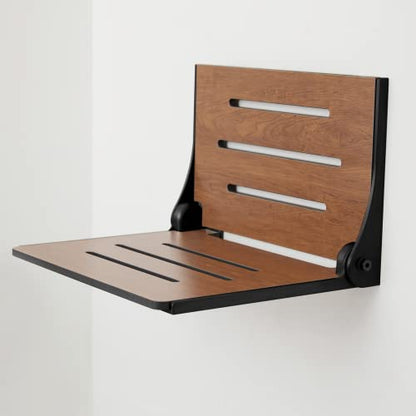 Seachrome Silhouette Folding Wall Mount Shower Bench Seat, Rustic Teak Seat with Matte Black Frame (SHAF-185155-PRTS-S-MB) - color: Rustic Teak Seat With Matte Black Frame