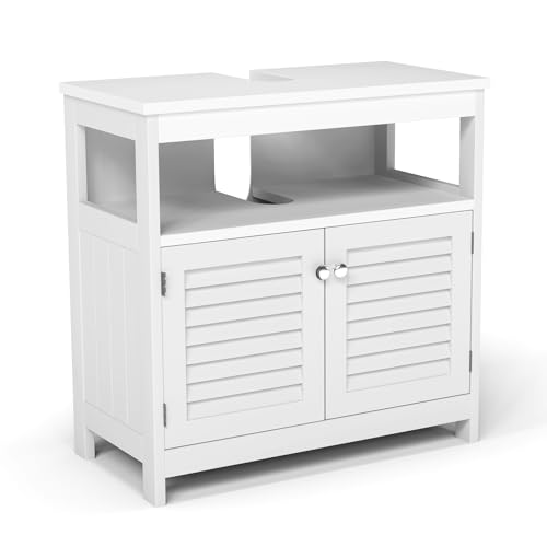 Under Sink Storage Cabinet, U Shape Cutout Wall Mounted Bathroom Vanity Organizer Freestanding Floor Cabinet for Pedestal Sink Waterproof Cabinet for Washroom Householding Cleaning Supplies, White