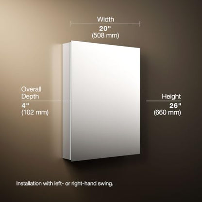 Kohler Embark Slim Medicine Cabinet Bathroom Mirror, 20in x 26in | 55062-NA, Rectangular, Adjustable Shelves for Storage, Mirrored Door - size: 20 in. x 26 in., style: Flat Edge