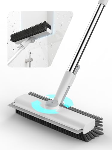 3 in 1 Floor Scrub Brush with Long Handle, Multi-Angle Swivel Head | Stiff Dual-side Bristle, Floor Scrubber with Squeegee & Tweezer for Tile Wall Deck Bathtub Patio Garage Pool Kitchen (White) - color: White