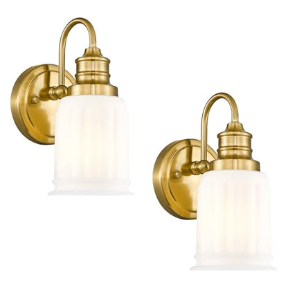 Modern Wall Sconces Set of Two, HWH Brushed Gold Bathroom Vanity Light, Antique Brass Wall Light Fixtures with Frosted White Bell-Shaped Glass, 5HZG106B-2 BG - color: Brushed Gold, size: 1-Light *2