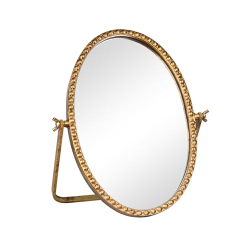 Oval Small Vintage Desk Mirror, Antique Gold Table Mirror, Metal | Beaded Frame Vanity Decorative Mirrors 11.8"L x 7.9"W, 360° Adjustable Rotation Makeup Standing Mirrors for Tabletop Bathroom - color: Antique Gold-oval Beaded