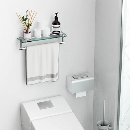 16-Inch Floating Tempered Glass Bathroom Shelf with Towel Bar - Chrome Polished & Stainless Steel, Wall Mount - color: Chrome Polished, size: 16-inch with Railing