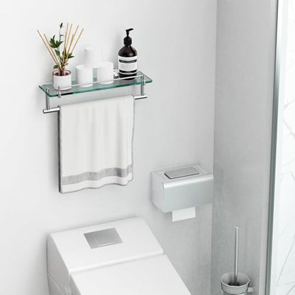 16-Inch Floating Tempered Glass Bathroom Shelf with Towel Bar - Chrome Polished & Stainless Steel, Wall Mount - color: Chrome Polished, size: 16-inch with Railing