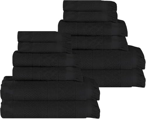 Superior Cotton 12 Piece Towel Set, Quick Dry, Bathroom Essentials, Shower, Spa, Luxury Plush Soft Absorbent Towels, Includes 4 Bath, 4 Hand, 4 Washcloth/Face Towels, Rolla Collection, Black - color: Black, size: 12 Piece Towel Set