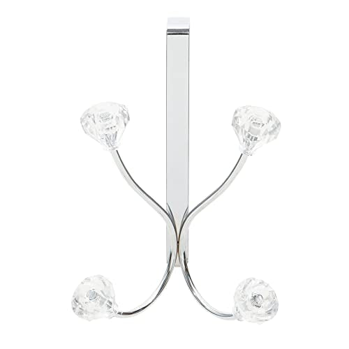 Home Basics Over the Door Double Towel Crystal Hooks, For Hanging Clothes, Coats, Robes or Towels, Organize Bathroom, Bedroom and Closet, Chrome 5" x 3" x 7.25 | Steel Door Hook Rack with Double Hanging Hooks & Crystal Accents - Ideal for Towels, Bags, Co