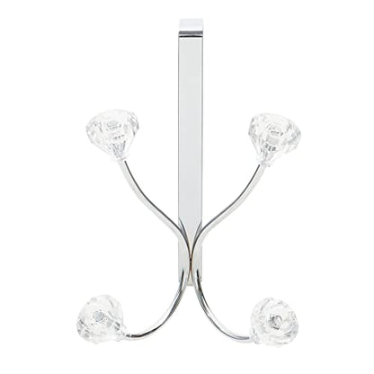 Home Basics Over the Door Double Towel Crystal Hooks, For Hanging Clothes, Coats, Robes or Towels, Organize Bathroom, Bedroom and Closet, Chrome 5" x 3" x 7.25 | Steel Door Hook Rack with Double Hanging Hooks & Crystal Accents - Ideal for Towels, Bags, Co