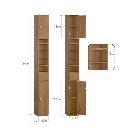 SoBuy Bathroom Narrow Storage Cabinet Skinny Tall Unit with Adjustable Shelves Slender Anti-Tipping Floor Standing Cupboard, Natural BZR34-PF | Slim Freestanding Cupboard Bathroom Storage Unit with Drawer, Compact Water-Resistant Design, Natural 20x20x180