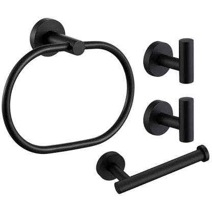 Angle Simple Bathroom Hardware Set Matte Black, Bathroom Accessories 4 Pcs | SUS304 Stainless Steel, Bath Fixture Set with Robe Hook x 2, Toilet Paper Holder and Rotary Towel Ring, Screw Mount - color: Matte Black