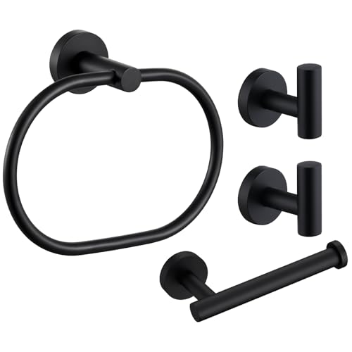 Angle Simple Bathroom Hardware Set Matte Black, Bathroom Accessories 4 Pcs | SUS304 Stainless Steel, Bath Fixture Set with Robe Hook x 2, Toilet Paper Holder and Rotary Towel Ring, Screw Mount - color: Matte Black