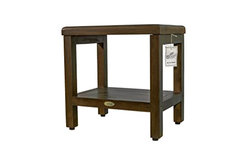 DecoTeak Eleganto 18" Teak Shower Bench with Shelf, Waterproof Stool | Shower bench with adjustable feet and non-slip rubber pads provides stable support on wet or uneven shower floors - size: 18" Length x 14" Width x 18" Height