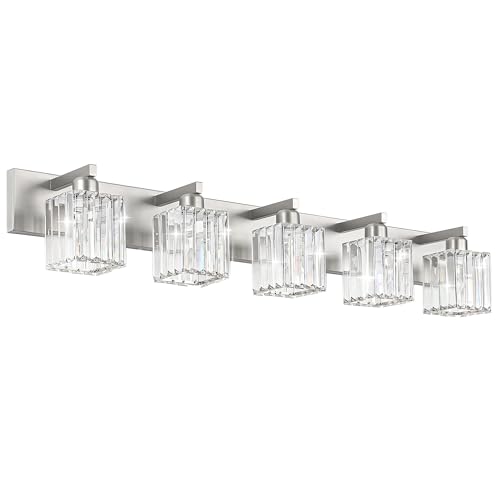 Aipsun Brushed Nickel Bathroom Lighting Fixtures 5 Light Vanity Light Crystal Modern Bathroom Vanity Light (Exclude Bulb) - color: Brushed Nickel, size: 40 inch