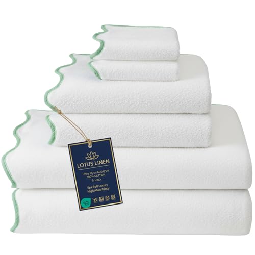 Lotus Linen Scallop Piping Towel Set of 6, 100% Zero Twist Cotton, 2 Bath, 2 Hand Towels, 2 Washcloths, Hanging Loops, Soft Absorbent Bathroom Essentials (Sage Green Piping, Towel Set (Pack of 6)) - color: Sage Green Piping, size: Towel Set (Pack of 6)