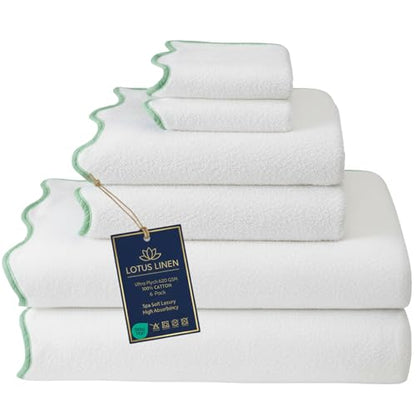 Lotus Linen Scallop Piping Towel Set of 6, 100% Zero Twist Cotton, 2 Bath, 2 Hand Towels, 2 Washcloths, Hanging Loops, Soft Absorbent Bathroom Essentials (Sage Green Piping, Towel Set (Pack of 6)) - color: Sage Green Piping, size: Towel Set (Pack of 6)