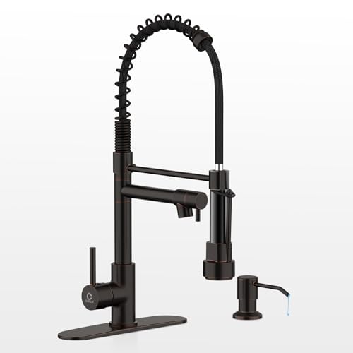 Kitchen Faucet,Oil Rubbed Bronze Faucet with Soap Dispenser,Black Kitchen Faucets with Pull Down Sprayer,Kitchen Sink Faucet with Dual Function Spray Head for 1-4 Holes Kitchen Sink - color: F.Oil Rubbed Bronze, style: 1.Faucet+Soap Dispenser+Hole Cover