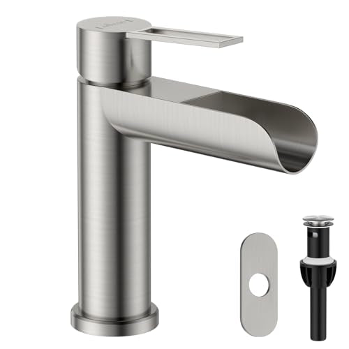 APPASO Brushed Nickel Waterfall Bathroom Sink Faucet for 1-3 Hole Sinks | One Hole Bathroom Faucets with Pop Up Drain Assembly and Deck Plate, Stainless Steel to Fit Vanity Lavatory Laundry Sinks - color: Brushed Nickel-1