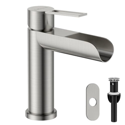 APPASO Brushed Nickel Waterfall Bathroom Sink Faucet for 1-3 Hole Sinks | One Hole Bathroom Faucets with Pop Up Drain Assembly and Deck Plate, Stainless Steel to Fit Vanity Lavatory Laundry Sinks - color: Brushed Nickel-1