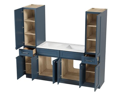 DISAR 78" Double Sink Bathroom Vanity with Dual Linen Storage Towers, Carrara Quartz Top and Ceramic Sinks, Solid Wood Frame, 4 Piece Design, 78" x 22" x 72" (Navy Blue) - color: Navy Blue