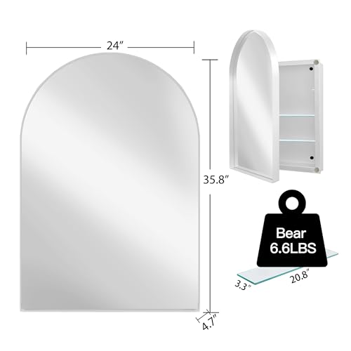 Arched Medicine Cabinet, Recessed Medicine Cabinet Surface Mount Medicine Cabinet with Mirror and Adjustable Shelves Medicine Cabinet Wall Mounted Bathroom Mirror Cabinet, 24x36 Inch (White) - color: White