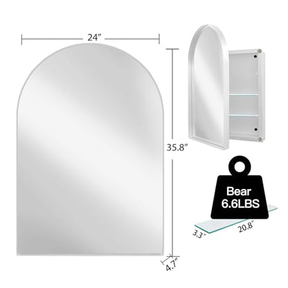 Arched Medicine Cabinet, Recessed Medicine Cabinet Surface Mount Medicine Cabinet with Mirror and Adjustable Shelves Medicine Cabinet Wall Mounted Bathroom Mirror Cabinet, 24x36 Inch (White) - color: White