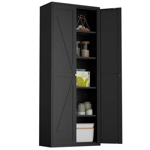 71" Tall Kitchen Pantry Storage Cabinet, Kitchen Storage Cabinet with Doors and 4 Adjustable Shelves, Metal Freestanding Cupboard for Garage Dining Room Living Room Bathroom, Black - color: Black, size: 71H