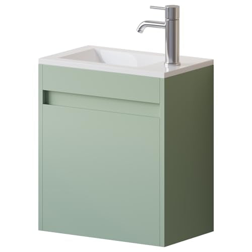 wonline 16" Small Floating Green Bathroom Vanity Sink Combo, Wall Mounted Narrow Single Cabinet with Resin Basin Sink Top, Water Saving Chrome Faucet & Pop-Up Drain - color: Green Linen