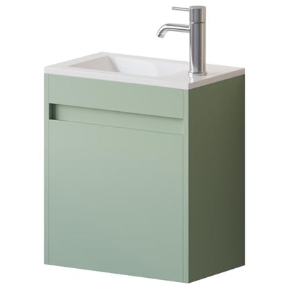 wonline 16" Small Floating Green Bathroom Vanity Sink Combo, Wall Mounted Narrow Single Cabinet with Resin Basin Sink Top, Water Saving Chrome Faucet & Pop-Up Drain - color: Green Linen