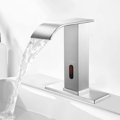 Touchless Bathroom Faucet Automatic Bathroom Sink Faucet with Sensor, Control Box and Temperature Mixer and Hole Cover Plate, Brushed Nickel - color: Brushed Nickel, size: Waterfall