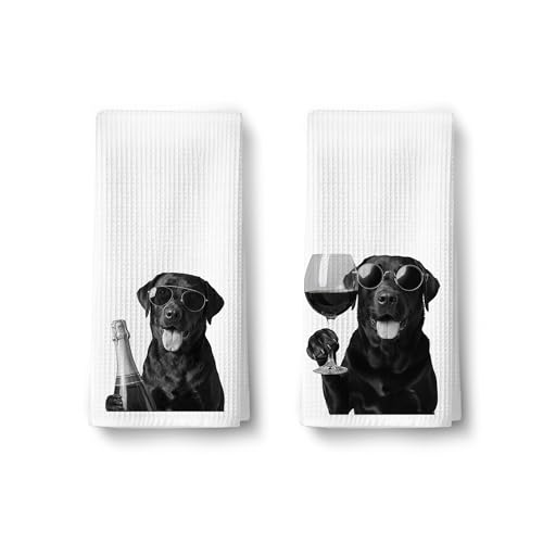 Funny Black Labrador Retriever Wine Kitchen Dish Towels Set of 2-Black Lab Gifts, Gifts for Wine Labrador Dog Lovers Hand Tea Towels for Home Bar Kitchen, 16x24 Inches-037 - color: Wcolor 002