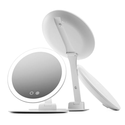 Fancii 10x Travel Magnifying Makeup Mirror with Lights, Rechargeable, Height Adjustable 8" Stand, 3 Dimmable Color Modes, Portable LED Vanity Mirror (Abigail)
