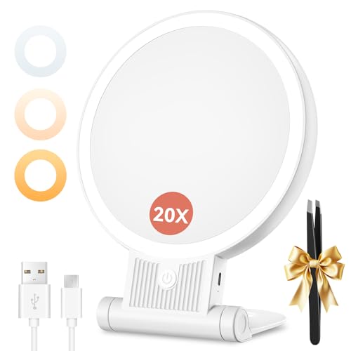 Auxmir Rechargeable 1X/20X Magnifying Makeup Mirror with Light, White | double-sided button, adjustable 3 color lights, foldable design, desk mirror for travel women, 2000mAh battery, twezzers - color: 1x/20x