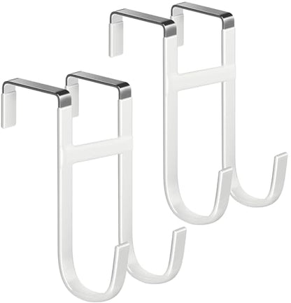 Mars-Rock Double Over Door Steel Hooks 2 Pack Fit 1-3/8" Door 5.5" White | Plastic Coated Rubber Feel Towel Rack Robe Coat Shoe Wreath Hanger No Damage No Scratch for Bathroom Heavy Duty Thin Top
