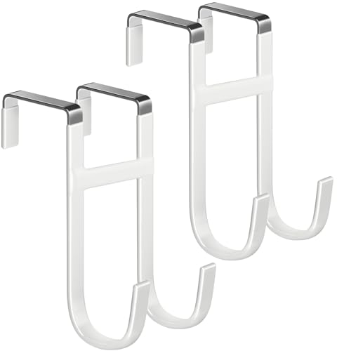 Mars-Rock Double Over Door Steel Hooks 2 Pack Fit 1-3/8" Door 5.5" White | Plastic Coated Rubber Feel Towel Rack Robe Coat Shoe Wreath Hanger No Damage No Scratch for Bathroom Heavy Duty Thin Top