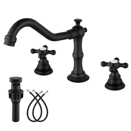 gotonovo Bathroom Faucet 3 Hole 8 Inch Widespread Bathroom Sink Faucet 2 Cross Handles Vintage Lavatory Vanity Mixer Tap with Pop Up Drain, HOT Cold Label, Matte Black - color: Matte Black, style: HOT COLD Label