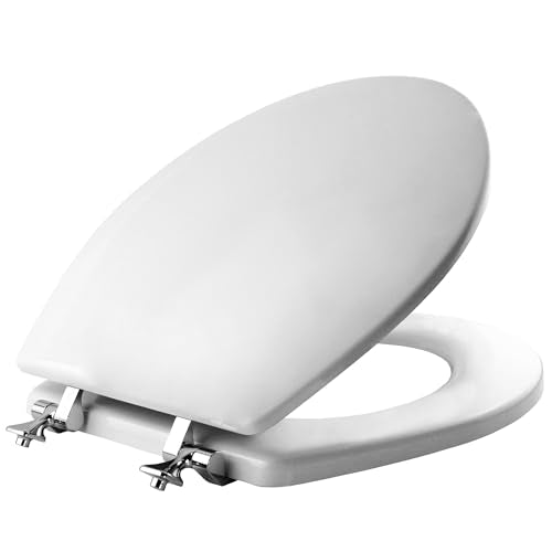 MAYFAIR 844CP 000 Edgewater Toilet Seat with Chrome Hinges will Never Come Loose, ROUND, Durable Enameled Wood, White - size: Round, style: Chrome Hinge
