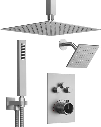 Shower Faucet Set with Handheld Spray, Brushed Nickel | 12" Ceiling Mount SUS304 Rainfall Shower Head System, 6" Side Head, 3-Function Thermostatic Valve Trim Kit, All Metal - color: Brushed Nickel