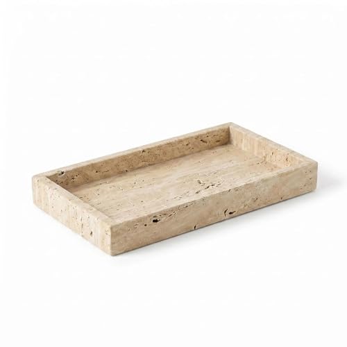 Natural Travertine Tray Heavyweight Stone Vanity Tray for Bathroom Countertop, Coffee Table & Dresser - Handcrafted Rectangular Organizer(Beige Travertine, 9.84" x 4.72" x 1.18") - color: Beige