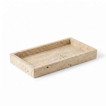 Natural Travertine Tray Heavyweight Stone Vanity Tray for Bathroom Countertop, Coffee Table & Dresser - Handcrafted Rectangular Organizer(Beige Travertine, 9.84" x 4.72" x 1.18") - color: Beige