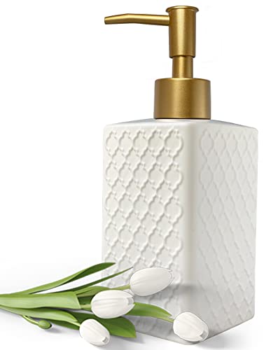 Gold Soap Dispenser for Bathroom,Retro White Square Lotion Dispenser, Refillable Countertop Ceramic Hand Soap Dispenser,Dish Soap Dispenser for Kitchen 350ml(Relief White Square Bottle) - color: Relief White Square Bottle