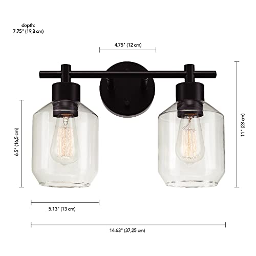 Globe Electric 3-Piece Powder Room Set, Matte Black, 2-Light Vanity with Clear Glass Shades and Matching Hardware, 51850 - color: Matte Black, Clear Glass, 2-Light