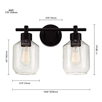 Globe Electric 3-Piece Powder Room Set, Matte Black, 2-Light Vanity with Clear Glass Shades and Matching Hardware, 51850 - color: Matte Black, Clear Glass, 2-Light