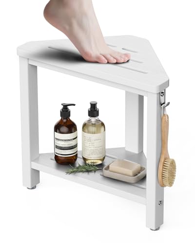 15" Shower Foot Rest with Side Hook, HDPE Waterproof Corner Shower Stool for Inside Shower, Anti-Slip Shower Stool for Shaving Legs, Space Saving Corner Shower Bench and Seat for Small Bathroom, White - color: White
