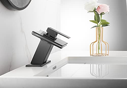 Black Bathroom Sink Faucet LED Light 3 Color Changing Waterfall Glass Spout | Hot and Cold Water Mixer Single Handle One Hole Deck Mounted Bathroom Faucet Lavatory Vanity Basin Mix Tap - color: Black, style: with LED Light