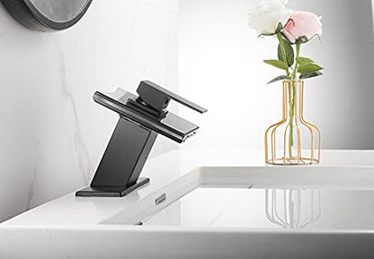 Black Bathroom Sink Faucet LED Light 3 Color Changing Waterfall Glass Spout | Hot and Cold Water Mixer Single Handle One Hole Deck Mounted Bathroom Faucet Lavatory Vanity Basin Mix Tap - color: Black, style: with LED Light
