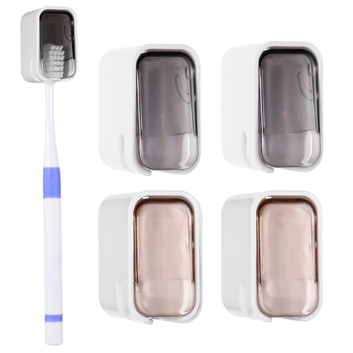 4 PCS Toothbrush Holder Wall Mounted with Cover, Electric Toothbrush Holders for Bathroom (Single-Slot Design), Moisture-Proof and Dust-Proof Organizer for Home and Travel Use(Gray,Brown) - color: Brown,grey