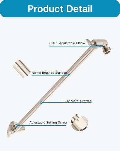15 Inch Extra Long Adjustable Shower Head Extension Arm With Locking Set Screw, Singing Rain 304 Stainless Steel Angle Height Adjustable, G1/2 Universal Connector Compatible (Nickel Brushed) - color: 2. Nickel Brushed, style: 15 inch