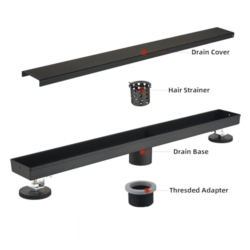 Linear Shower Drain ，with Tile Insert Panels ，28 Inch Black 304 Stainless Steel Rectangle Shower Floor Drain，with Hair Catcher, Adjustable Feet，Fits Bathroom, Balcony - color: Matte Black, size: 28inch