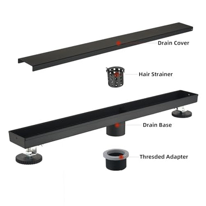 Linear Shower Drain ，with Tile Insert Panels ，36 Inch Black 304 Stainless Steel Rectangle Shower Floor Drain，with Hair Catcher, Adjustable Feet，Fits Bathroom, Balcony - color: Matte Black, size: 36inch