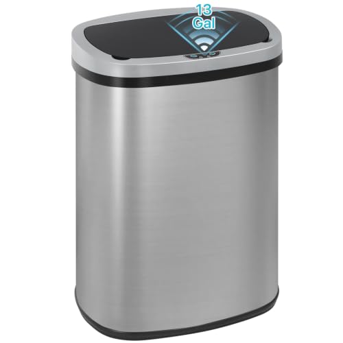 Kitchen Trash Can | Stainless Steel 13 Gallon Trash Can | 50L Touch Free Garbage Can with Lid | Electronic Sensor High Capacity Trash Bin for Bathroom Kitchen Office, Silver - color: Silver